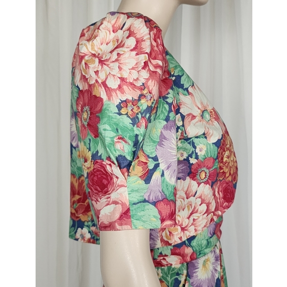 Vintage 80s 2pc floral cotton wiggle dress with crop bolero jacket S - Picture 8 of 10